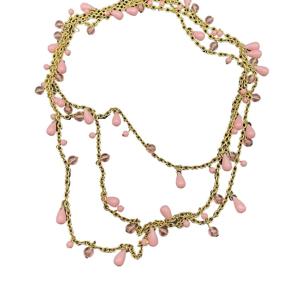 Pink 60" Necklace Barbiecore Teardrop Round Clear Dangles Gold Tone Cable Chain